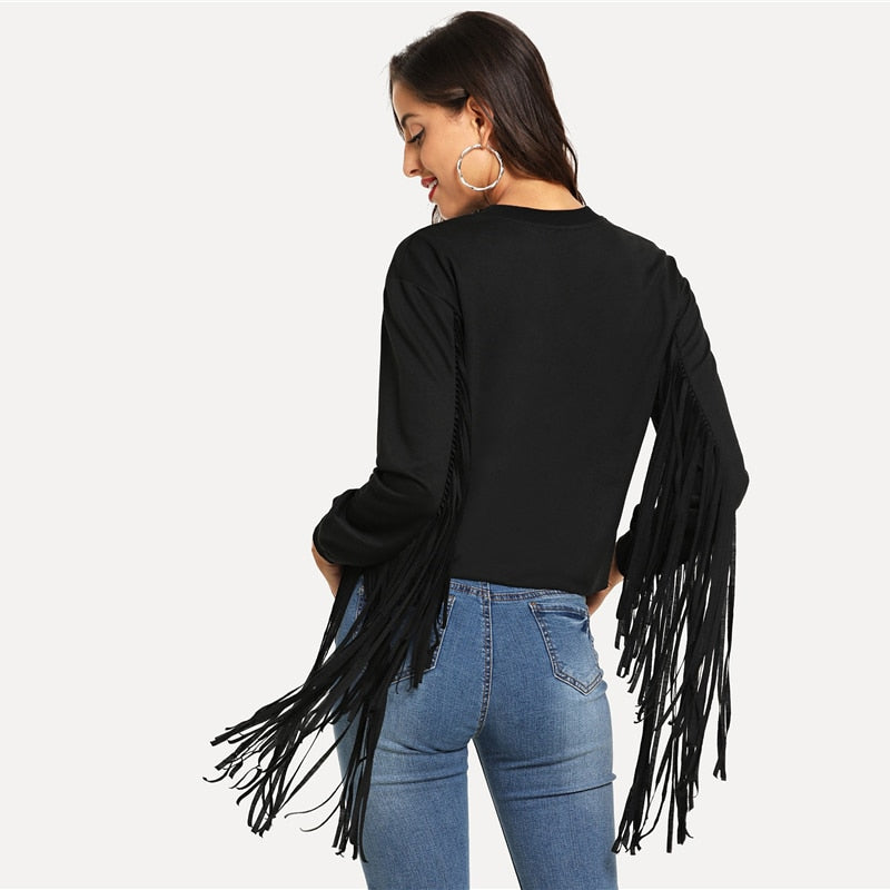 Doren Fringe Embellished Solid Sweatshirt