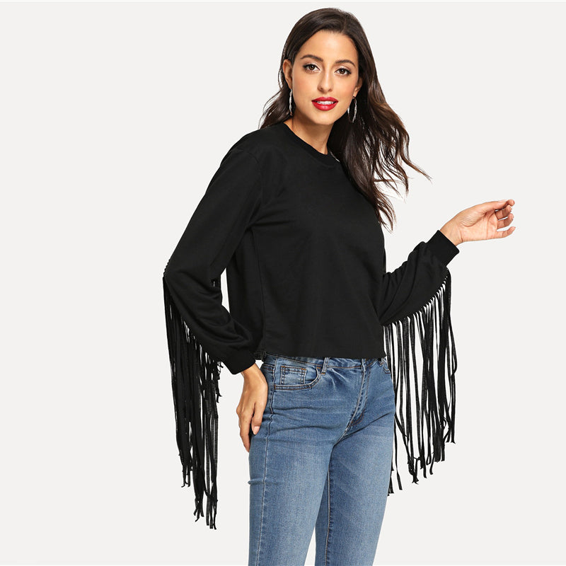 Doren Fringe Embellished Solid Sweatshirt