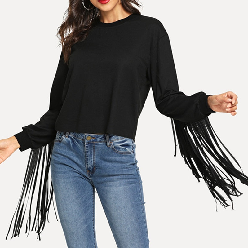 Doren Fringe Embellished Solid Sweatshirt