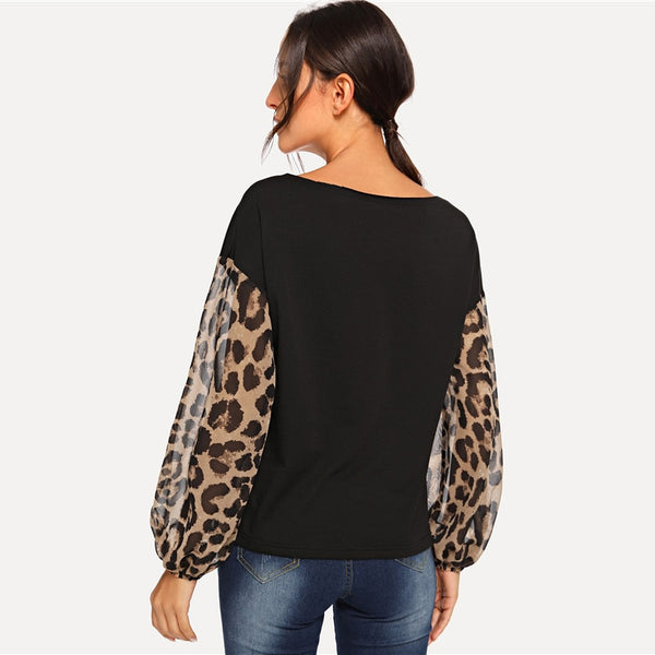 Doren Leopard Contrast Mesh Pullover