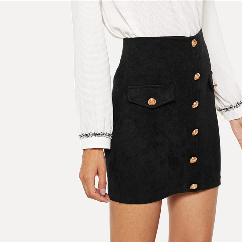 Doren Button & Pocket Front Bodycon Skirt