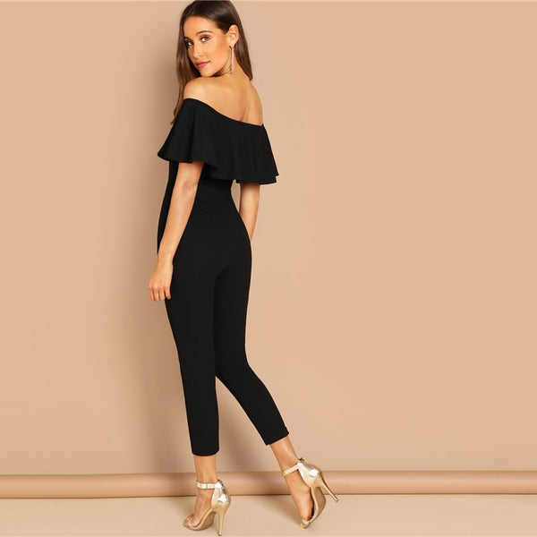 Doren V-Cut Off Shoulder Ruffle Trim Bodycon Jumpsuit