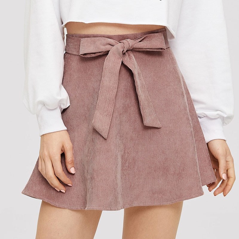 Doren Bow Tie Front Flare Corduroy Skirt