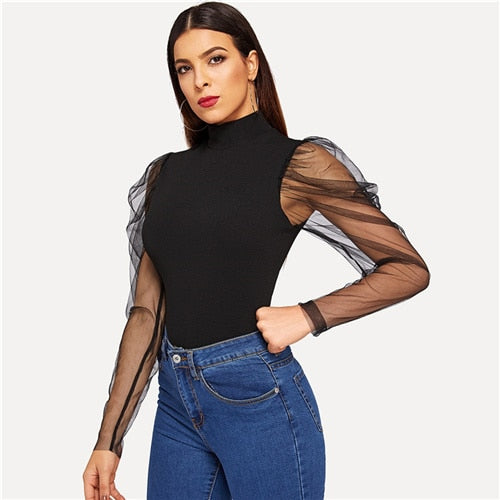 Doren Mesh Puff Sleeve Mock Neck Top