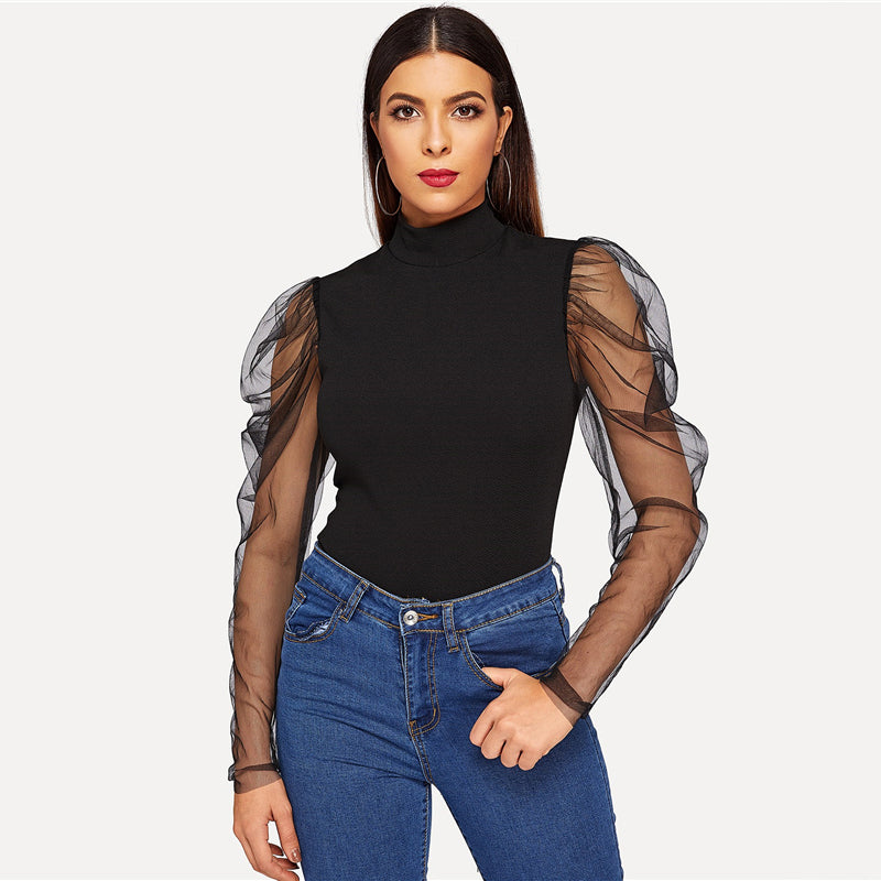 Doren Mesh Puff Sleeve Mock Neck Top