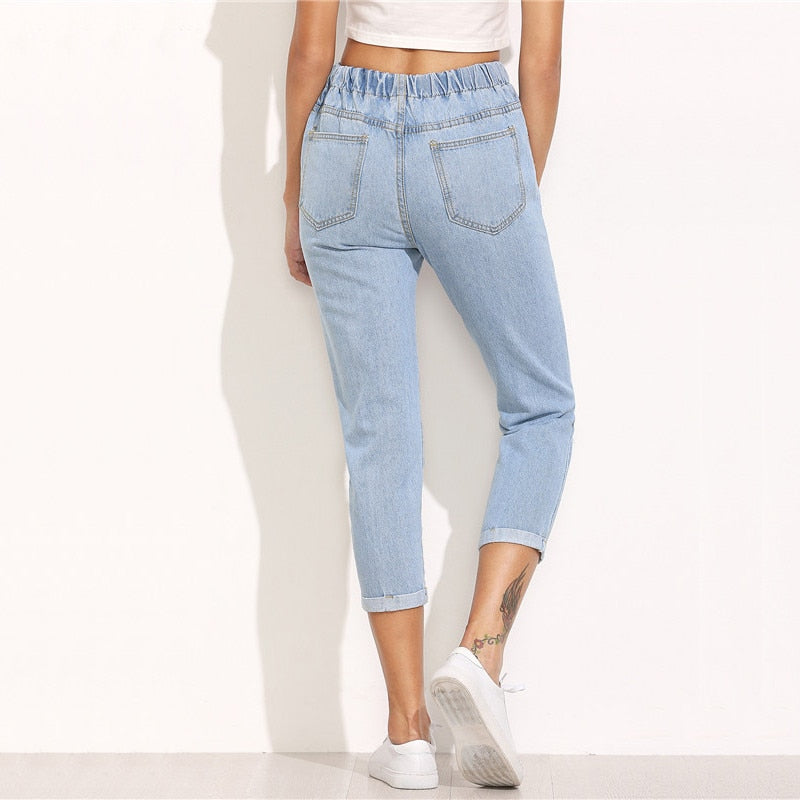 Doren Ripped Cuffed Hem Drawstring Waist Jeans