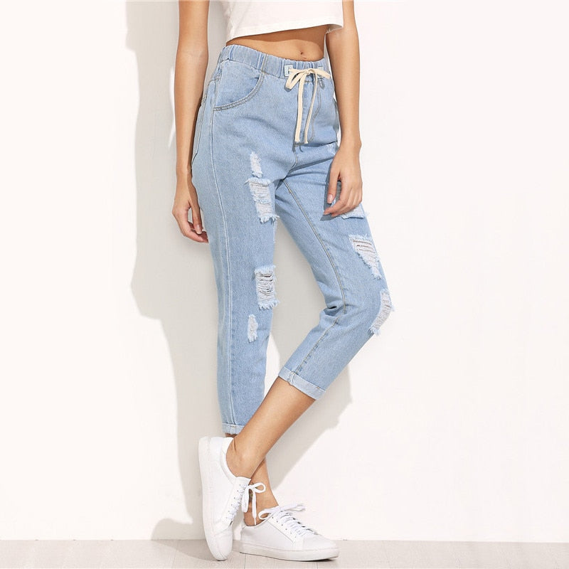 Doren Ripped Cuffed Hem Drawstring Waist Jeans