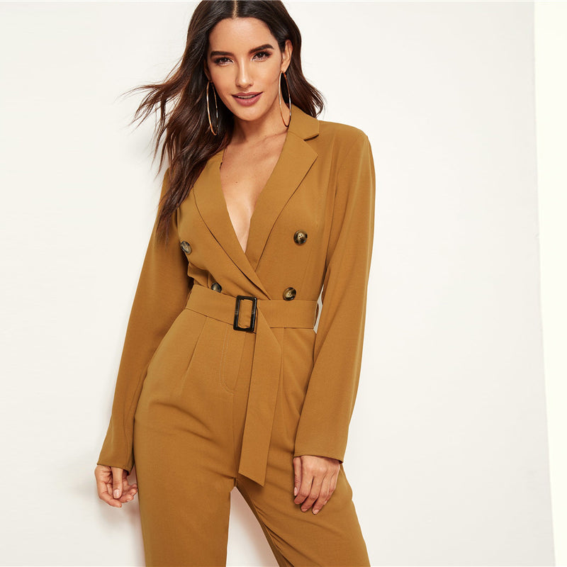 Doren Notched Collar Double Button Plunging Utility Jumpsuit