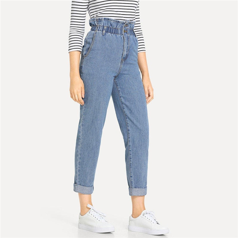 Doren Rolled Hem Frill High Waist Jeans