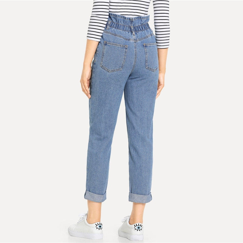 Doren Rolled Hem Frill High Waist Jeans