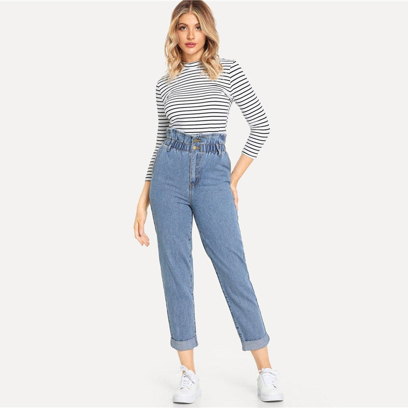 Doren Rolled Hem Frill High Waist Jeans