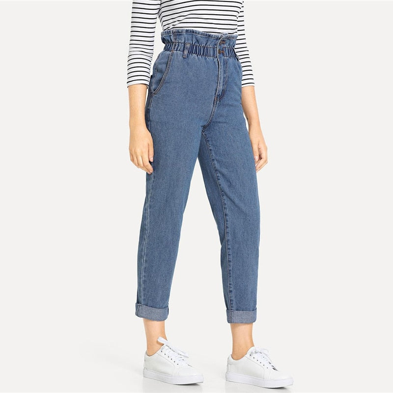 Doren Rolled Hem Frill High Waist Jeans