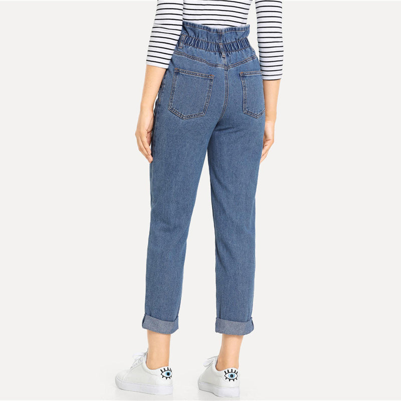 Doren Rolled Hem Frill High Waist Jeans