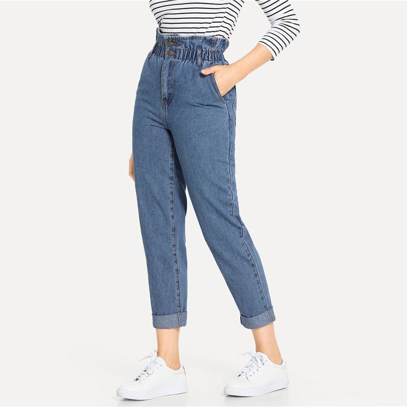 Doren Rolled Hem Frill High Waist Jeans