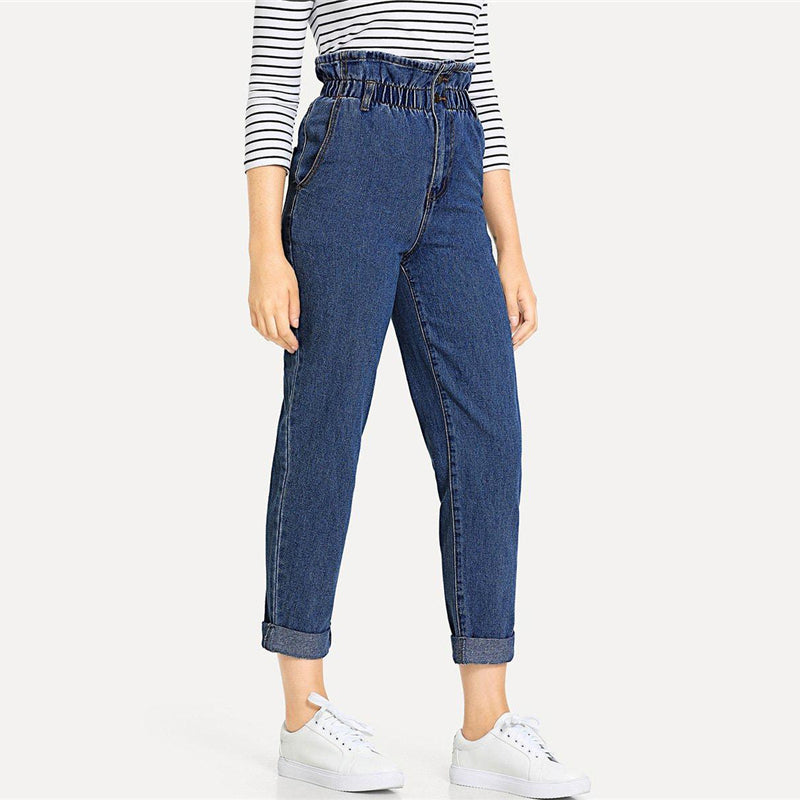 Doren Rolled Hem Frill High Waist Jeans