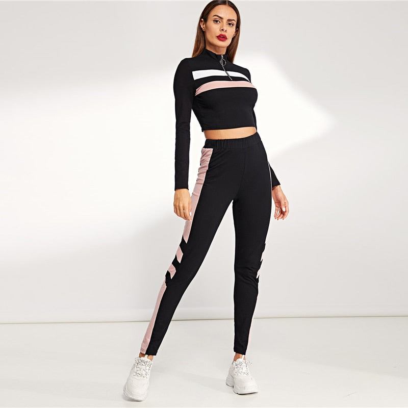 Color Block Crop Pullover & Pants Set