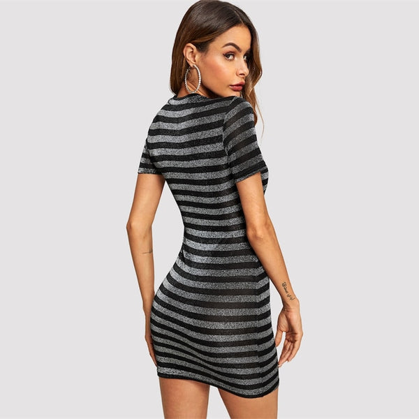 Doren Short Sleeve Striped Glitter Bodycon Dress