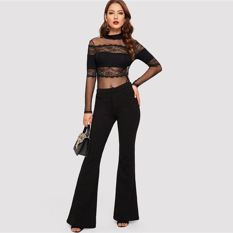 Doren Mock-Neck Lace Insert Sheer Mesh Top