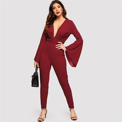 Doren Plunge Neck Cross Wrap Bell Sleeve Fitted Jumpsuit