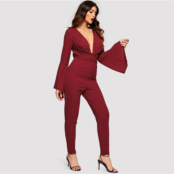 Doren Plunge Neck Cross Wrap Bell Sleeve Fitted Jumpsuit