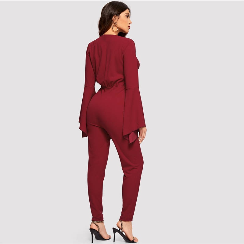 Doren Plunge Neck Cross Wrap Bell Sleeve Fitted Jumpsuit