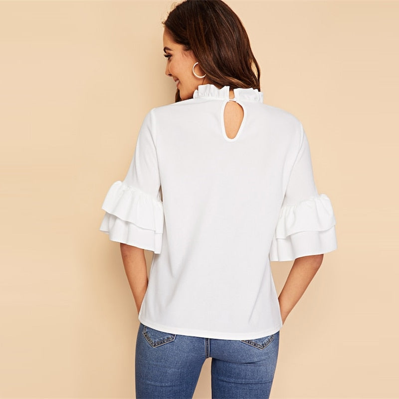 Doren Keyhole Back Ruffle Trim Bell Sleeve Top