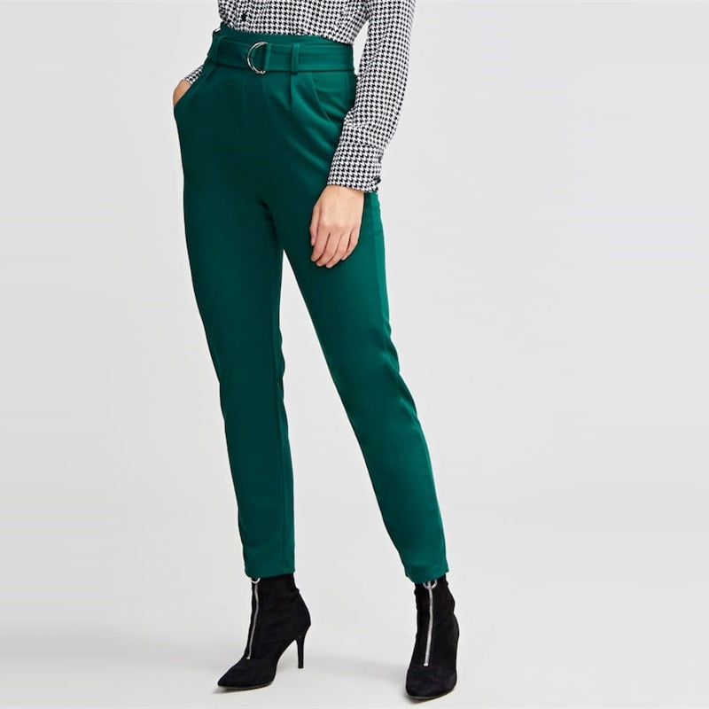 Doren Ring Belted Slant Pocket Solid Skinny Pants