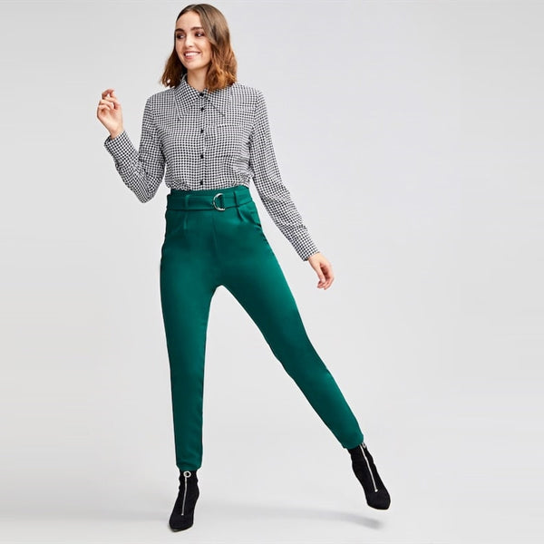 Doren Ring Belted Slant Pocket Solid Skinny Pants