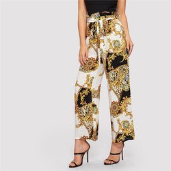 Doren Paperbag Waist Scarf Print Wide Leg Pants