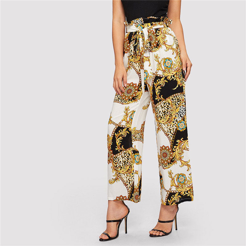 Doren Paperbag Waist Scarf Print Wide Leg Pants