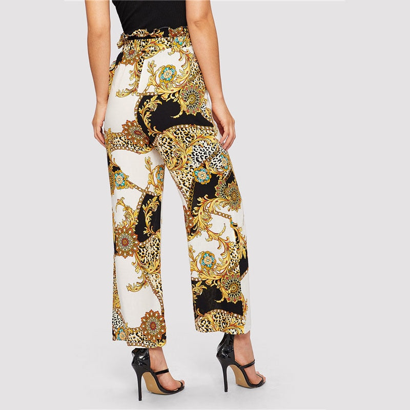 Doren Paperbag Waist Scarf Print Wide Leg Pants