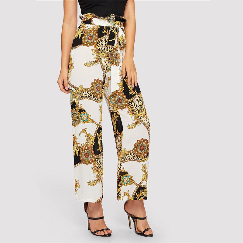 Doren Paperbag Waist Scarf Print Wide Leg Pants