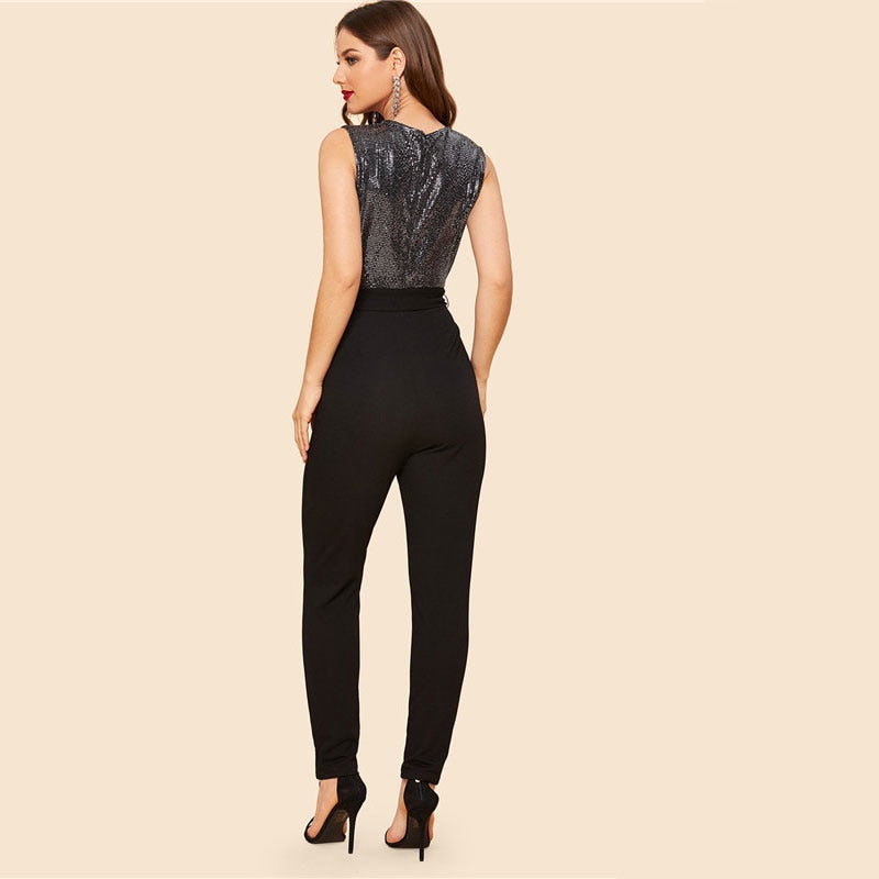 Doren Sequin Bodice Wrap Jumpsuit With Belt