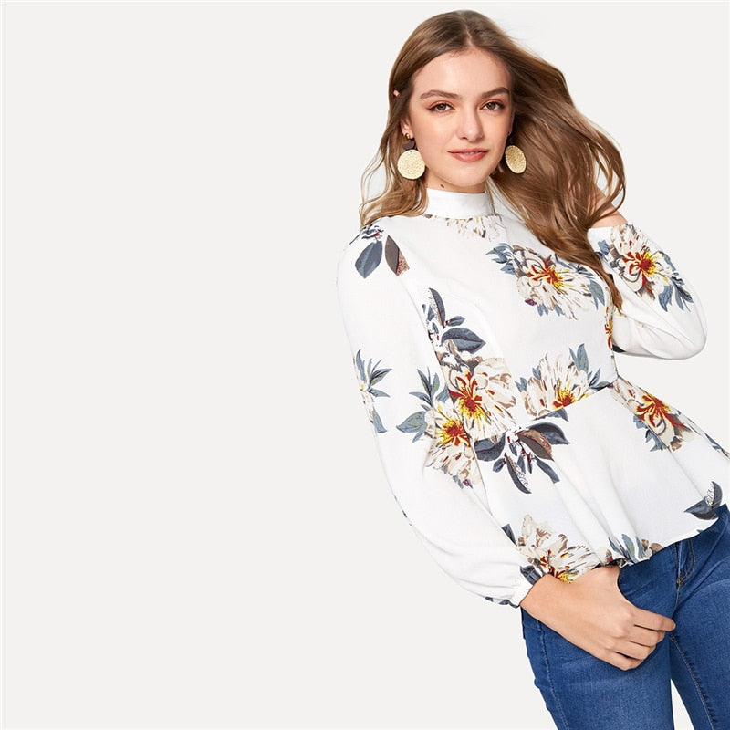 Doren Mock-Neck Lantern Sleeve Floral Peplum Top