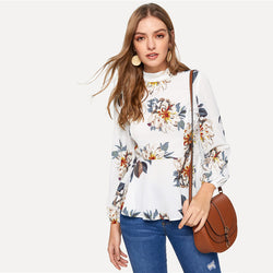 Doren Mock-Neck Lantern Sleeve Floral Peplum Top