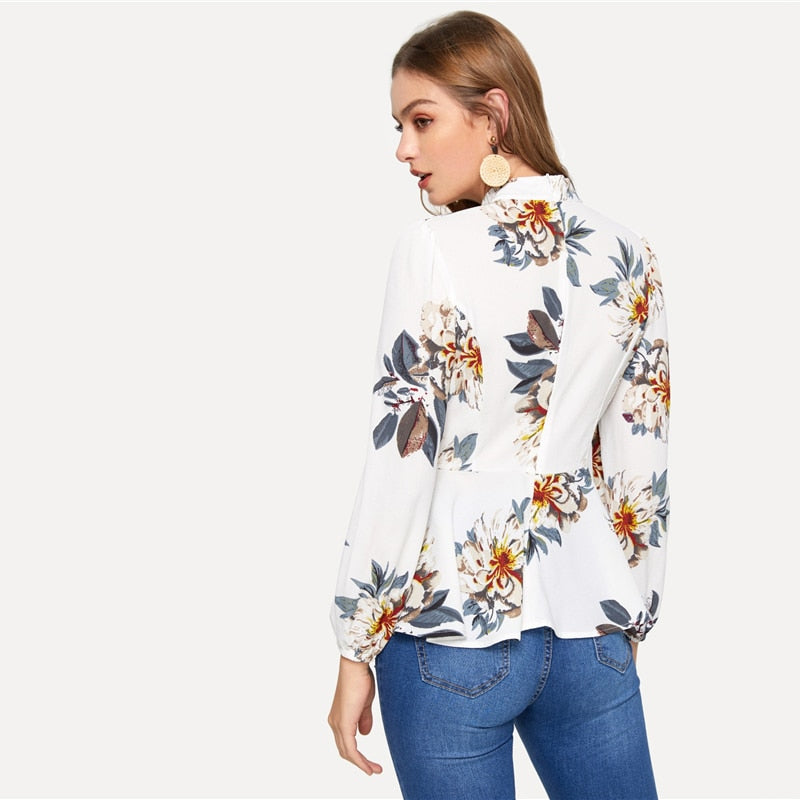 Doren Mock-Neck Lantern Sleeve Floral Peplum Top