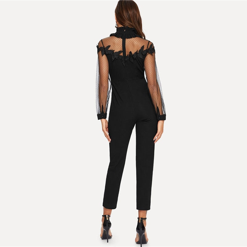 Doren Mesh Insert Lace Applique Frilled Neck Jumpsuit